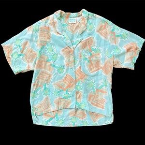 Vintage 80s Brittania | Tropical Print Camp Shirt | Aqua/Orange | Size Small